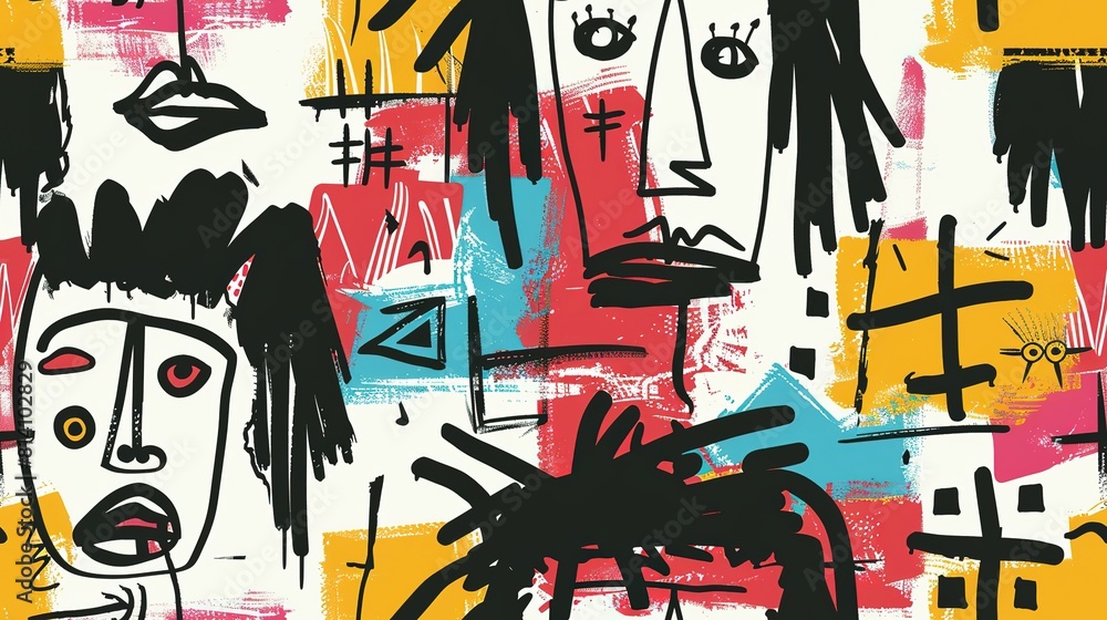 Obraz premium punk pop rock style elements abstract face with grungy texture with color splash abstract background, seamless pattern tile, Generative Ai