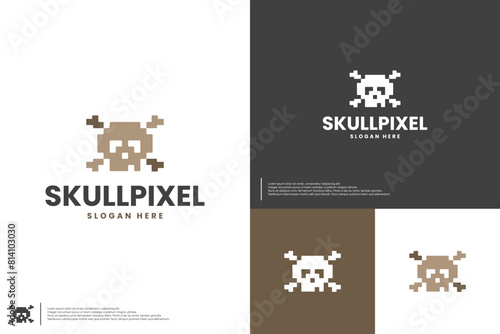 pirate logo in pixel style, for game logo, cyberspace warning, logo design illustration.