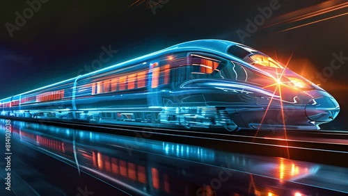 This sleek, high-speed train moves swiftly along the tracks in the darkness of night. photo