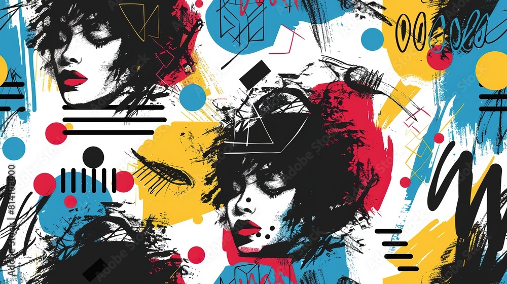 Naklejka premium punk pop rock style elements abstract face with grungy texture with color splash abstract background, seamless pattern tile, Generative Ai