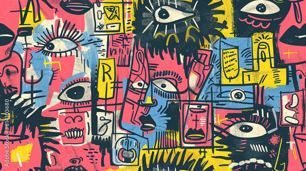 punk pop rock style elements abstract face with grungy texture with color splash abstract background, seamless pattern tile, Generative Ai