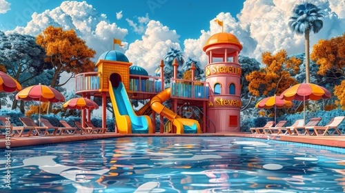 Cartoon elements of the water park, sunny weather and bright slides for children to ride photo