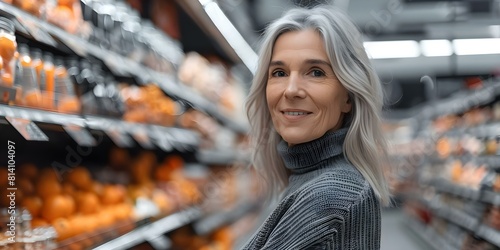Joyful Generation X Woman in Her s Wearing a Turtleneck Sweater Shopping at the Supermarket. Concept Fashion, Generation X, Lifestyle, Groceries, Shopping