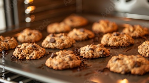 Baking tray with chocolate chip oatmeal cookies in oven