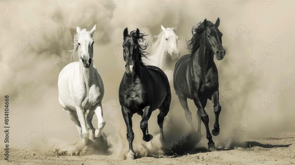 Black and white horses run in desert dust 