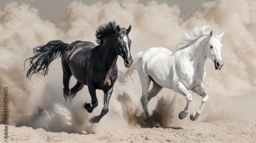 Black and white horses run in desert dust  © Aytaj
