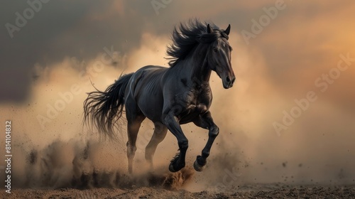 Black stallion with long mane run fast against dramatic sky in dust 