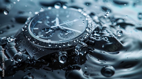 steel waterproof chronograph in water. Swiss watch covered with water droplets 