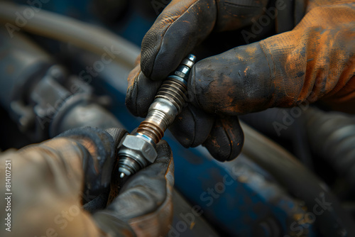 a mechanic's hands inspecting a spark plug for signs of wear and tear