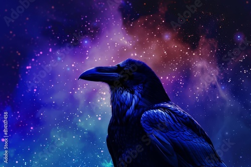 mystical raven silhouette made of starry night sky cosmic jewel tone colors inspired by odin and edgar allan poe ai generated art photo