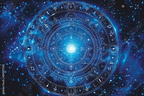 mystical zodiac wheel with constellation symbols on starry space background vector