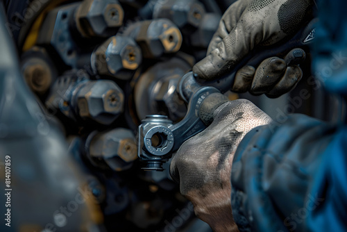 a mechanic's hands using a pneumatic impact wrench to remove lug nuts from a wheel hub photo