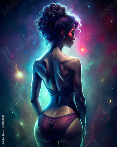 3D illustration of a beautiful young woman in a bikini on a cosmic background