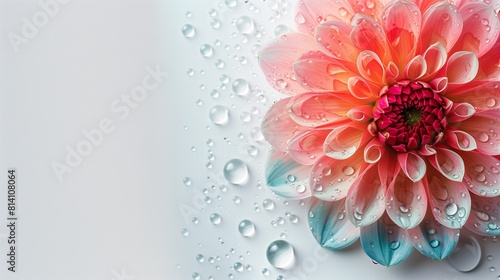 a single flower surrounded by water droplets on a white surface