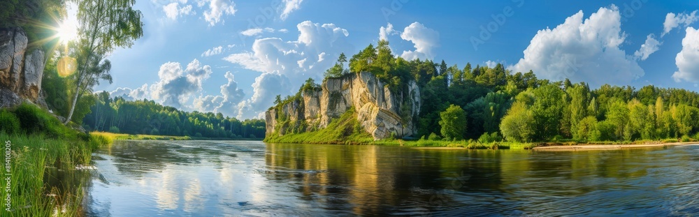panoramic photo of beautiful nature scenery, river with trees and cliffs in the background, sunlight shining through clouds, greenery, sunny day, summer time Generative AI panoramic photo of beautiful nature scenery, river with trees and cliffs in the background, sunlight shining through clouds, greenery, sunny day, summer time Generative AI