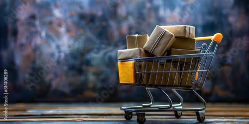 Convenience of Online Shopping Represented by Iron Shopping Cart Filled with Packages. Concept Online Shopping, Iron Shopping Cart, Convenience, Packages, Virtual Retail photo