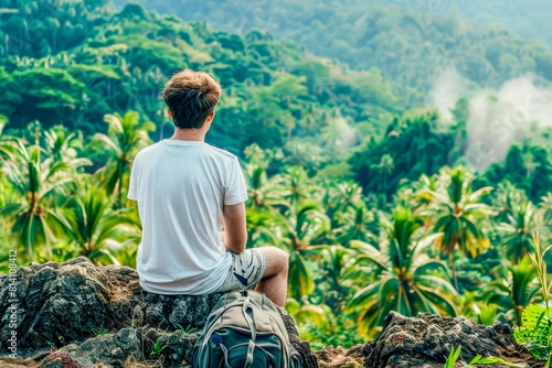 Travel, tourism, vacation and holidays concept. Young men tourist with backpackers sitting on the rock and enjoy beautifull view of tropical forest, back view.