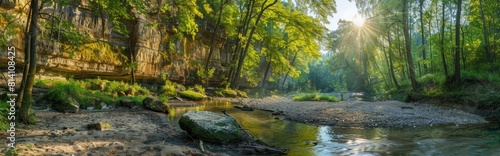 panoramic photo of a beautiful forest, river and cliff with beautiful sunlight during the summer time Generative AI