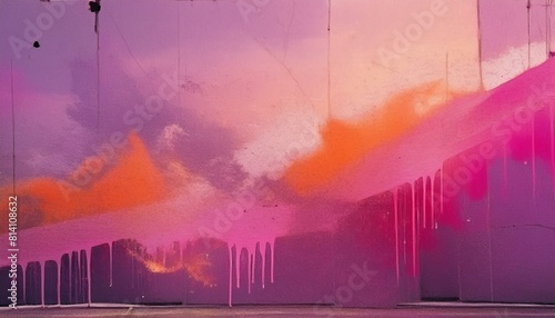 Part of old graffiti in city street. Abstract messy paint strokes and smudges on an old painted wall. Pink, purple color drips, flows, streaks of paint and paint sprays