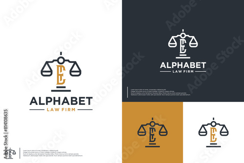 E initials for law firm, with justice scale concept, logo design illustration.