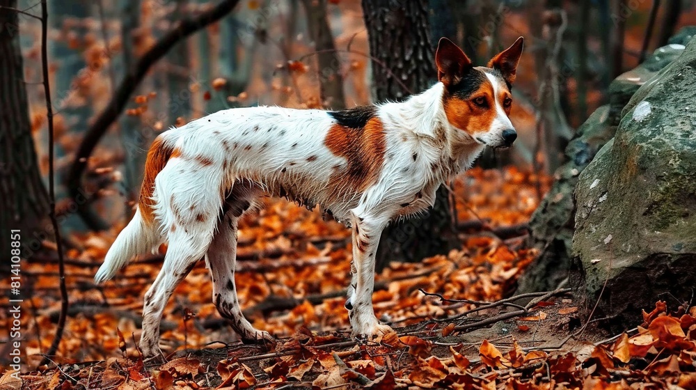A brown-and-white dog standing atop a pile of leaves beside stacks of rocks and trees A brown-and-white dog standing atop a pile of leaves beside stacks of rocks and trees