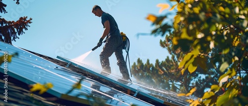 Expertly cleaning solar panels on a colorful residential roof with high-definition clarity and fluid motion