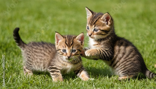 Two small kittens frolicking in the lush green grass, chasing each other and pouncing playfully under the sunny sky.