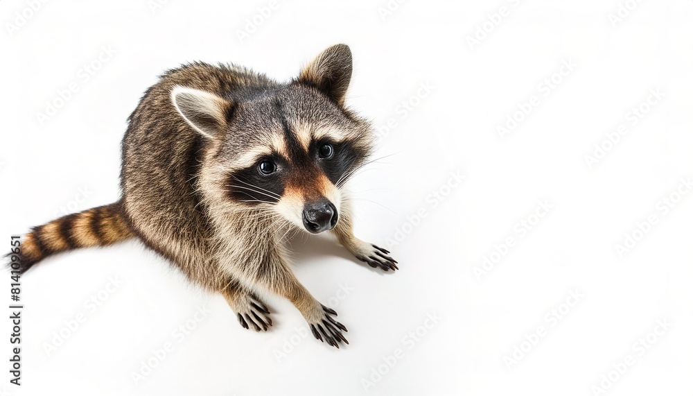 Raccoon or racoon - Procyon lotor - a mammal native to North America. It is the largest of the procyonid family with a black face mask and dark rings around the tail. Isolated on white background Raccoon or racoon - Procyon lotor - a mammal native to North America. It is the largest of the procyonid family with a black face mask and dark rings around the tail. Isolated on white background