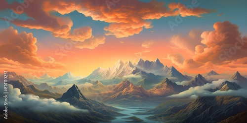 a majestic mountain landscape at dusk, featuring a vivid blue sky adorned with clouds reminiscent of burning fish scales, illuminated by the vibrant hues of an orange sunset