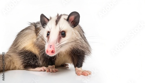 Young Virginian opossum or possum - Didelphis virginiana - a nocturnal mammal marsupial with a pouch, isolated on a white background and looks at the camera.