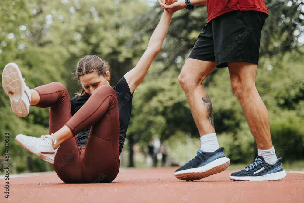 Obraz premium An athletic man assists his girlfriend who injured her leg while running. The scene captures empathy and support outdoors.