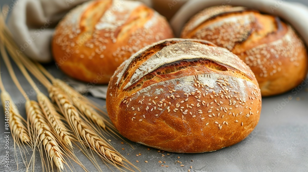 A table with wheat ears and loaves of bread on top A table with wheat ears and loaves of bread on top
