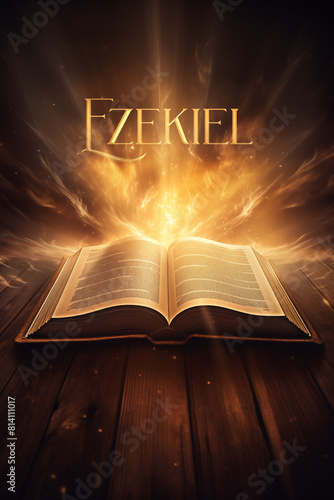 Book of Ezekiel. Open glowing Bible set on wood. Rays of golden light emanating from the book. Ideal for bible studies, religious meetings, intros, and much more. Vertical with copy space.