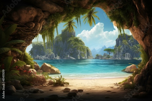 Mystical Tropical beach cave. Rock stone travel. Generate Ai photo
