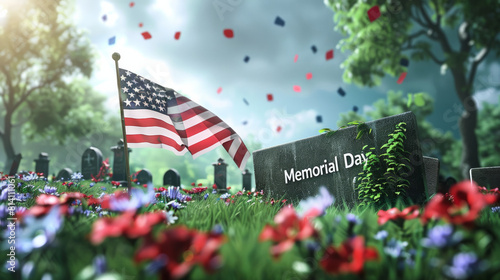 Ever conveying a lonely American flag in a cemetery with tombstones and flowers, with the text "Memorial Day" 