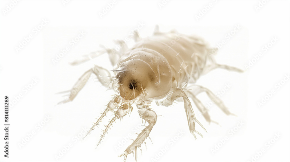Close-up of a dust mite isolated on a white background, detailed texture visible Close-up of a dust mite isolated on a white background, detailed texture visible