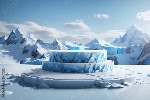 Ice podium background snow winter product platform cold mountain 3D. Podium ice display background cosmetic sky floor blue scene landscape frozen white cool stand pedestal minimal rock glacier nature