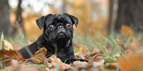 Black pug in autumn forest or park