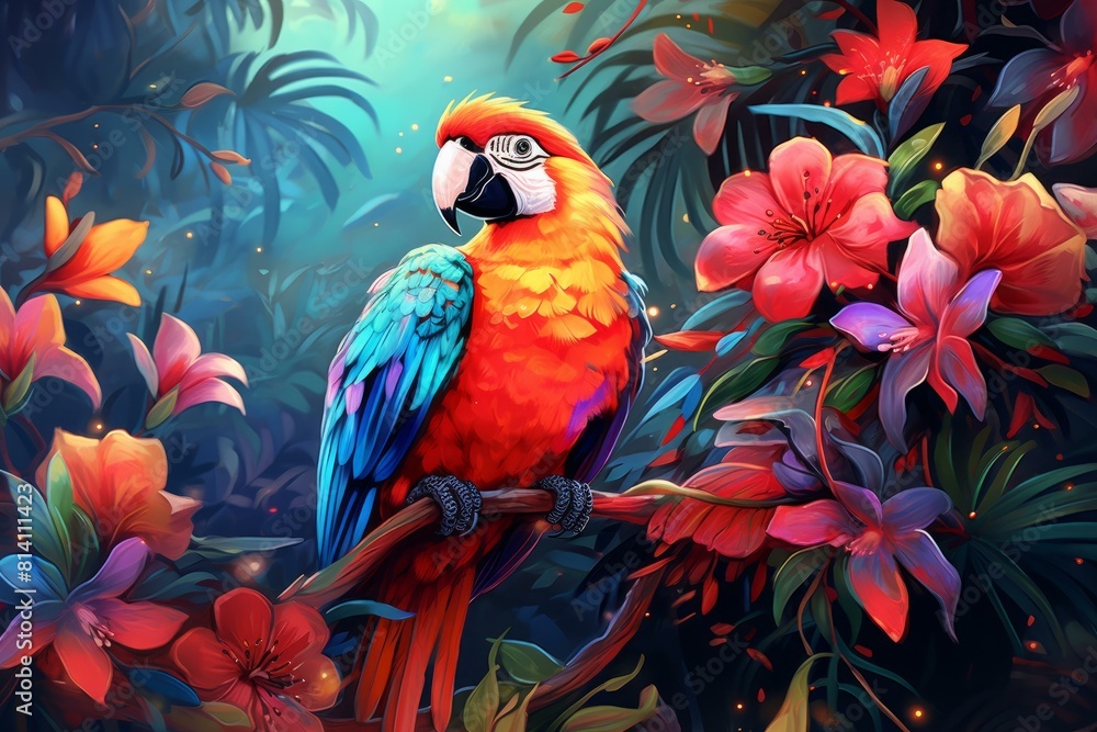 Obraz premium Vibrant digital artwork of a parrot among lush, blooming exotic flowers