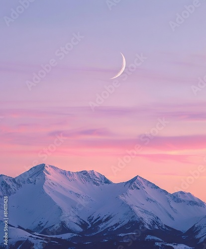  A stunning view of a mountain range with a half moon in the sky and a mix of pink and blue tones in the background