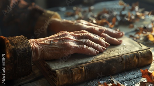 A close up of an old person's hands resting on a leather-bound book. The hands are wrinkled and age-spotted. The book is open and there is a quill resting on the spine.