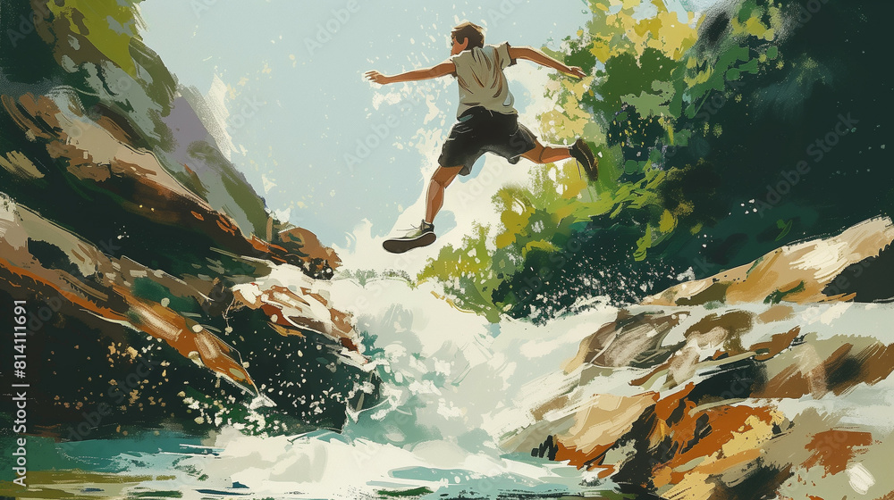 Fototapeta premium Illustration of Man jumping over a creek, dynamic side angle 