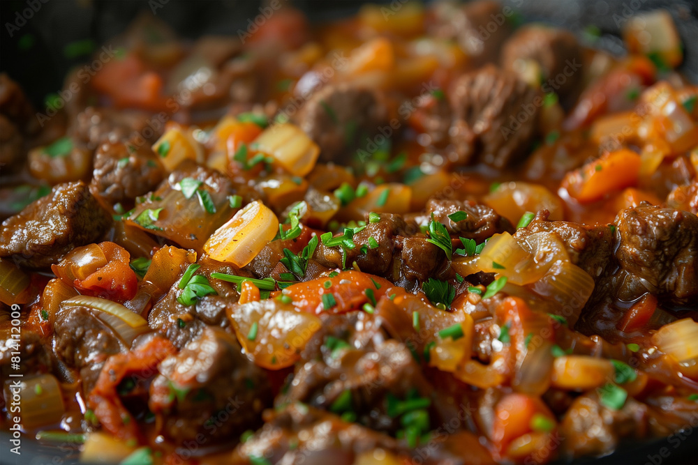 A delectable close-up of a beef stew, richly garnished with diced carrots, onions, and fresh herbs, showcasing a hearty meal option. Generative AI A delectable close-up of a beef stew, richly garnished with diced carrots, onions, and fresh herbs, showcasing a hearty meal option. Generative AI
