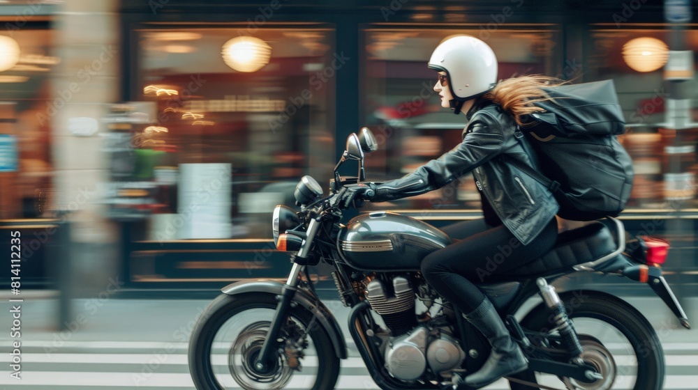 Female motorcycle courier in urban setting, side view 