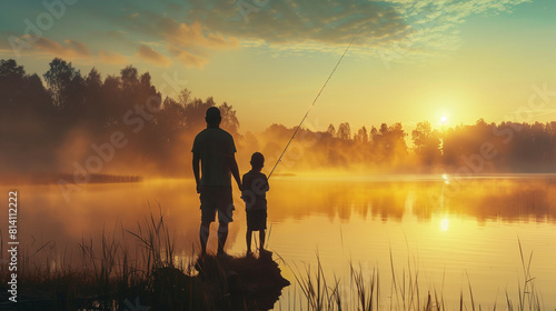 Father and child fishing at dawn, serene morning 