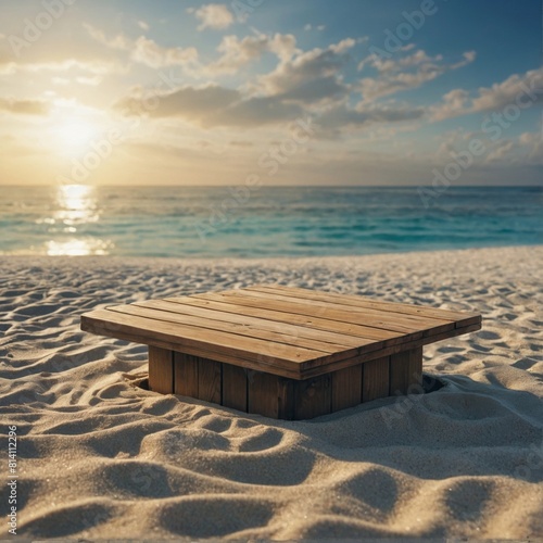 Beach Podium Summer Background with Sand Product 3D Sea Display Platform. Beach Podium Summer Banner Stand Scene for Sale  Sky Holiday Vacation Stage with Water  Island  Sun  Travel Pedestal  