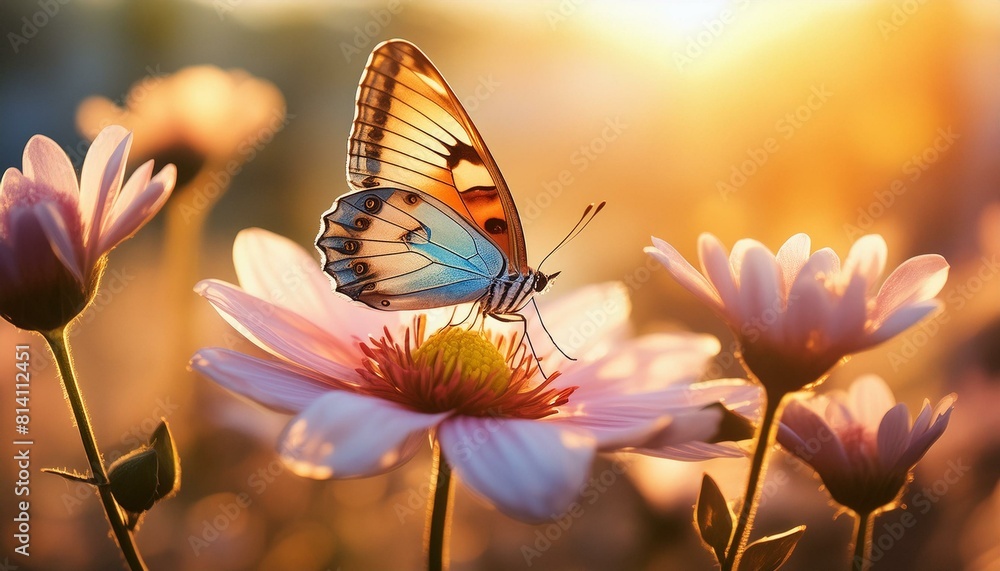 A delicate butterfly perched on a blooming flower, its iridescent wings shimmering in the sunlight. AI generated