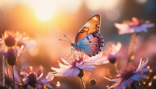 A delicate butterfly perched on a blooming flower, its iridescent wings shimmering in the sunlight. AI generated © Muhammad