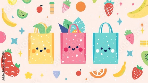 Colorful and cute grocery bags. The bags are yellow, pink, and blue and have different fruits and vegetables on them. photo