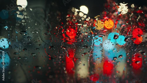Lights of the evening city and passing cars through a wet rainy window.